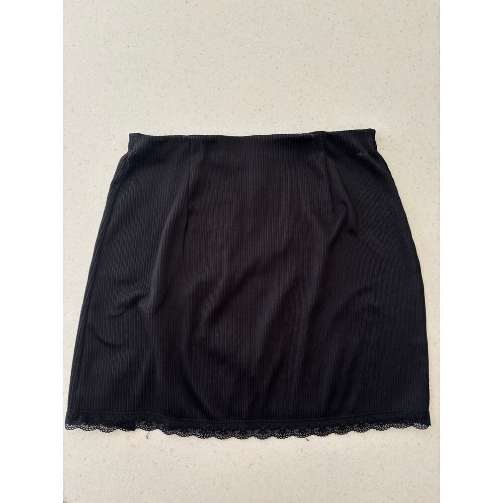 H&M Black Ribbed Mini Skirt Lace Trim Side Slit Stretch Y2K Size S - Picture 6 of 10